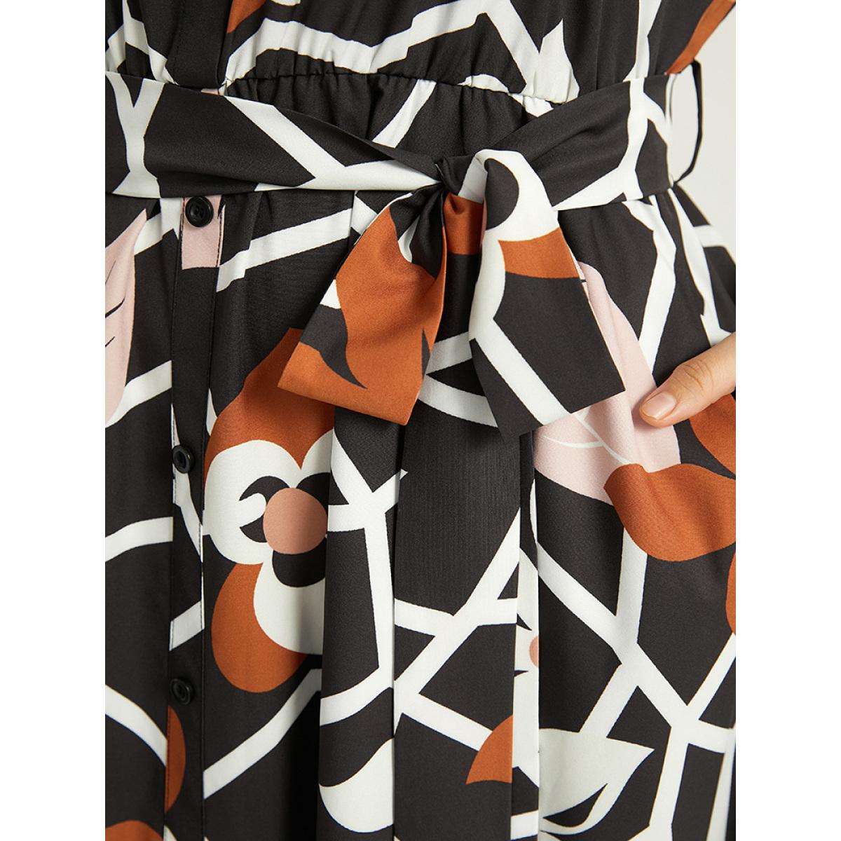 Plus Size Geometric & Plants Button Through Pocket Dress Multicolor Women Office Elastic cuffs Shirt collar Long Sleeve Curvy Midi Dress BloomChic 12/L Product Image