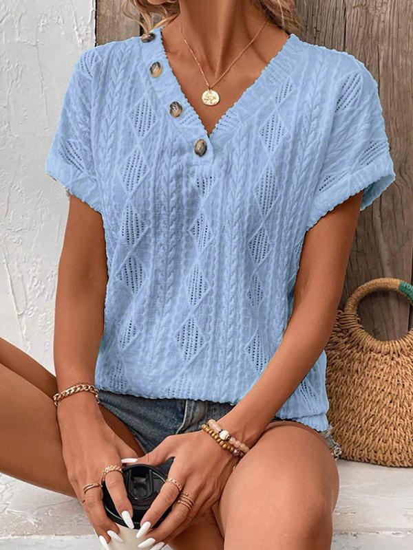 Loose Short Sleeves Buttoned Solid Color V-Neck T-Shirts Tops Product Image