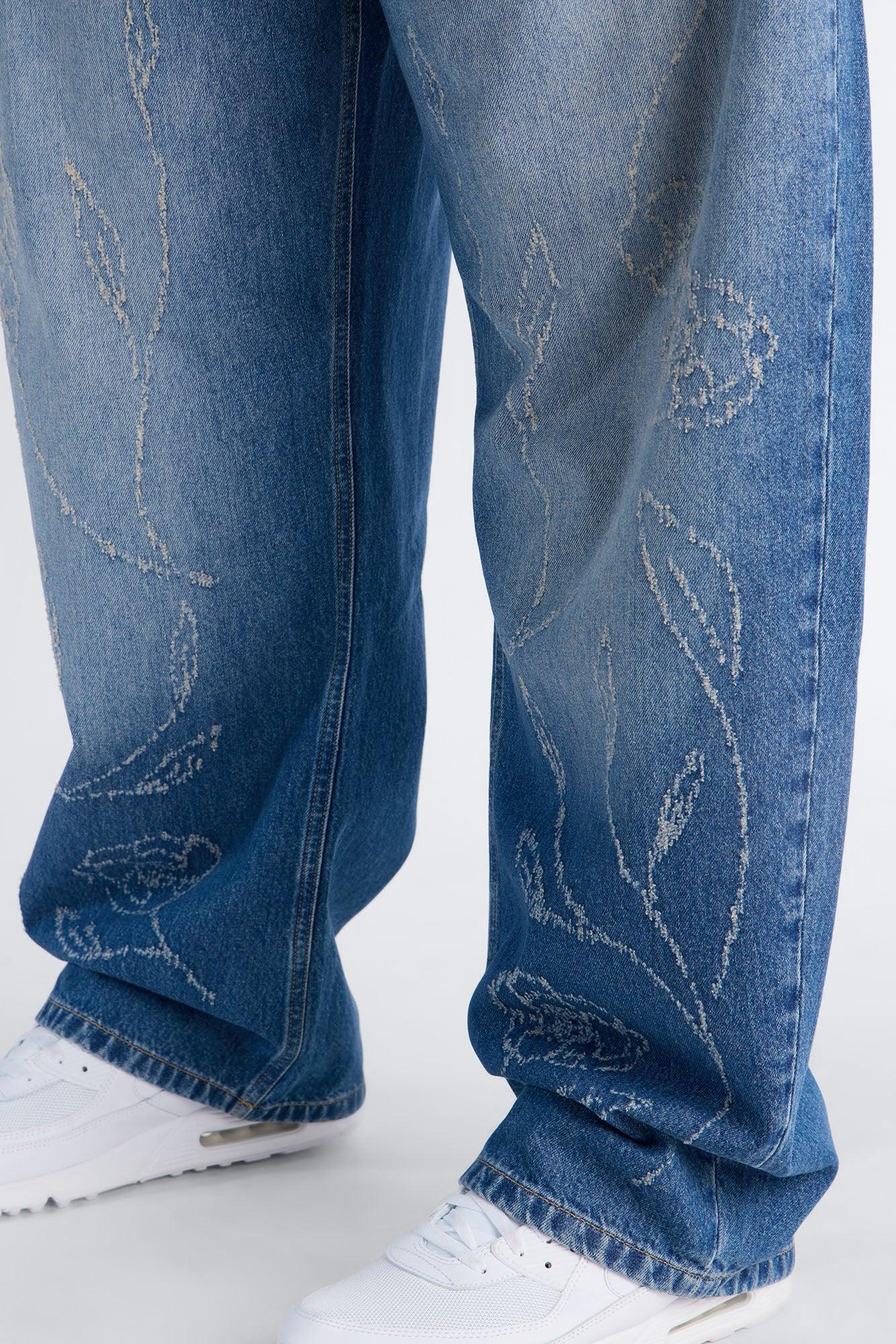 Barrel Etched Floral Jean - Medium Blue Wash Male Product Image