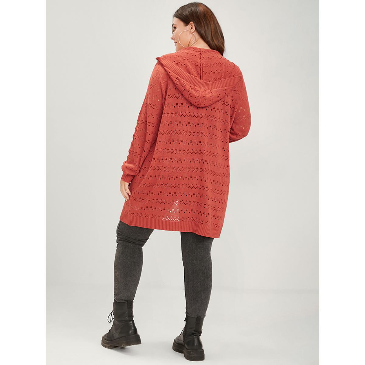 Plus Size Plain Pointelle Knit Pocket Crochet Open Front Hooded Cardigan OrangeRed Women Elegant Loose Long Sleeve Dailywear Cardigans BloomChic 28/5X Product Image