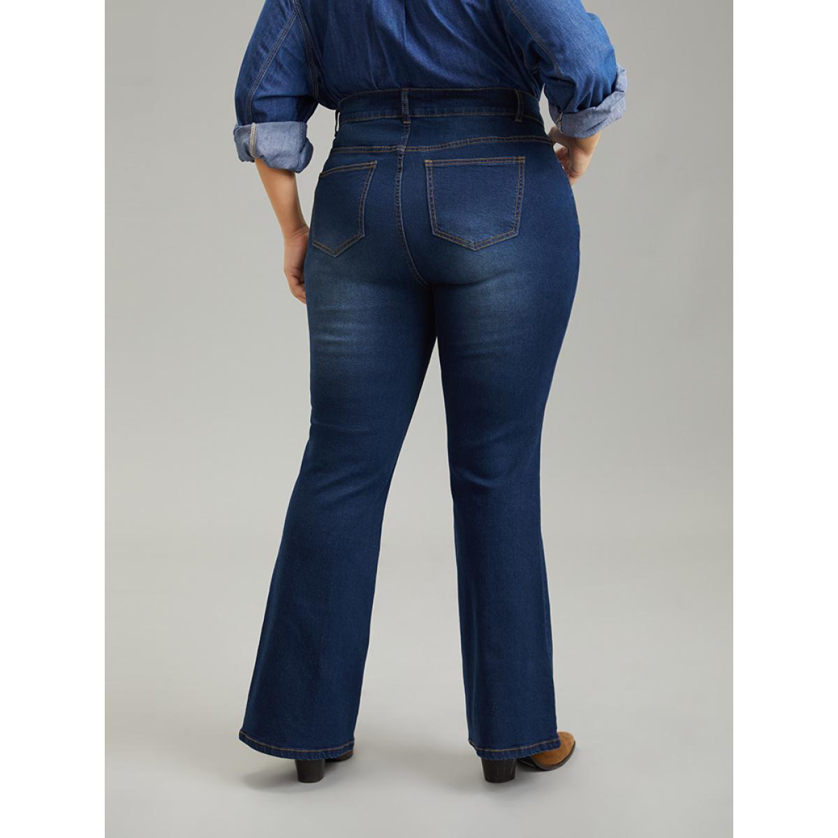 Plus Size Dark Wash Zipper Fly Flare Leg Jeans Women Indigo Casual Plain Plain High stretch Pocket Jeans BloomChic 20/2X Product Image