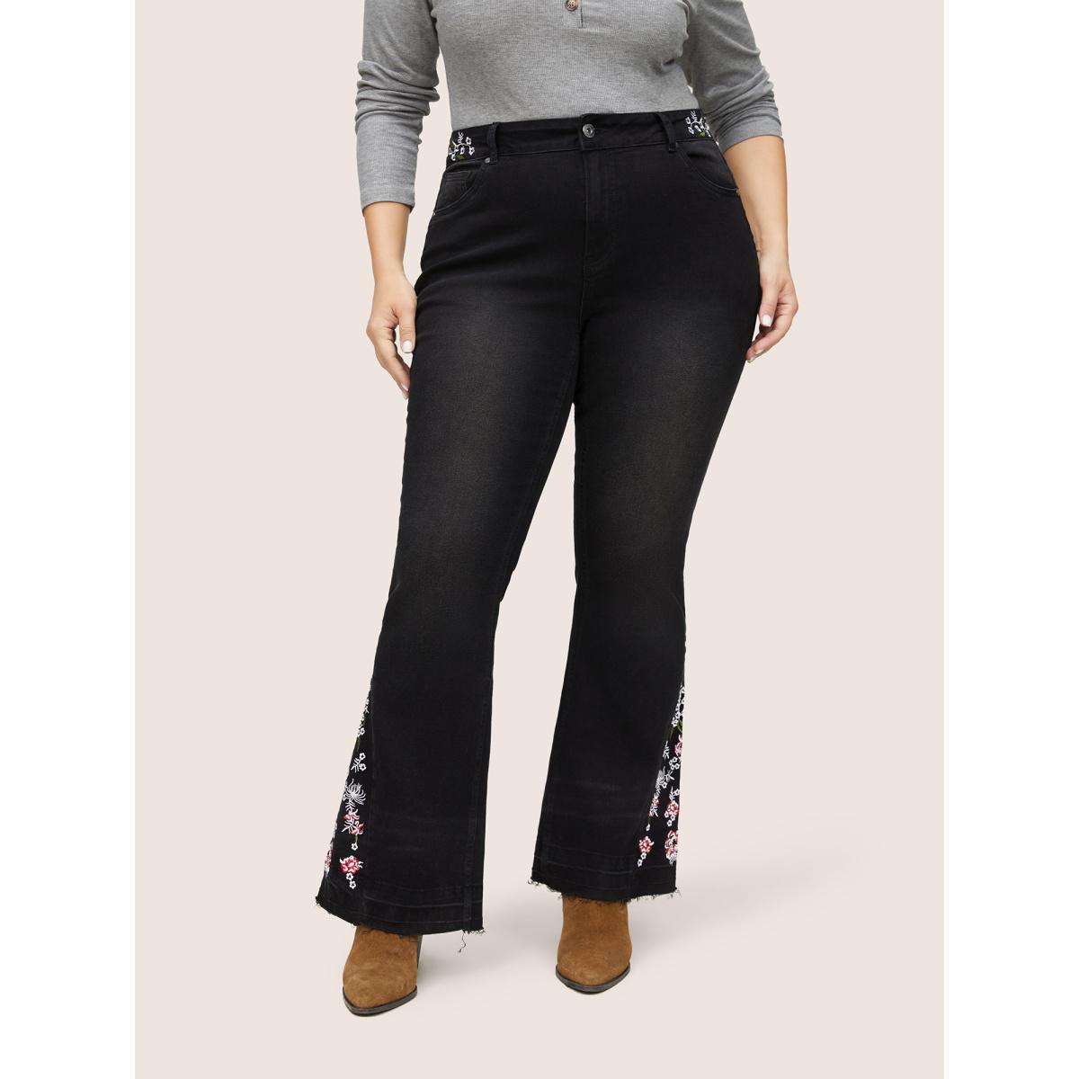 Plus Size Floral Embroidered Raw Hem Bootcut Jeans Women Black Elegant Plants Non High stretch Slanted pocket Jeans BloomChic 30/6X Product Image