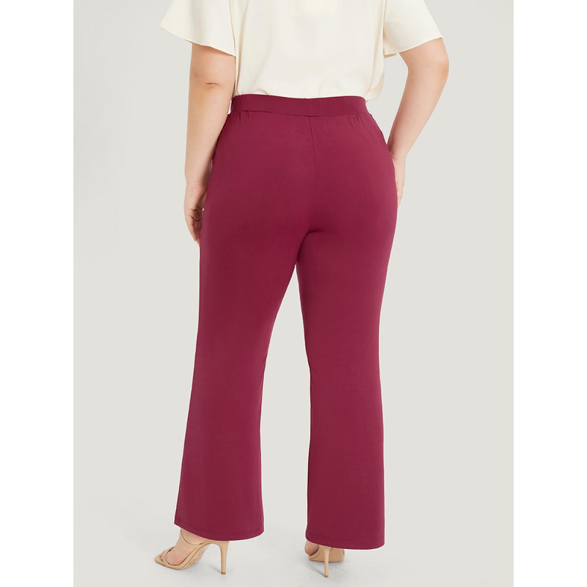 Plus Size Plain Slant Pocket Elastic Waist High Rise Bootcut Pants Women Burgundy Office Bodycon High Rise Work Pants BloomChic 12/L Product Image