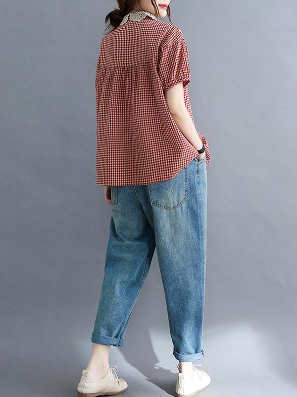 Cotton Blend Plaid Polo Puff Sleeve T-Shirts Tops Product Image