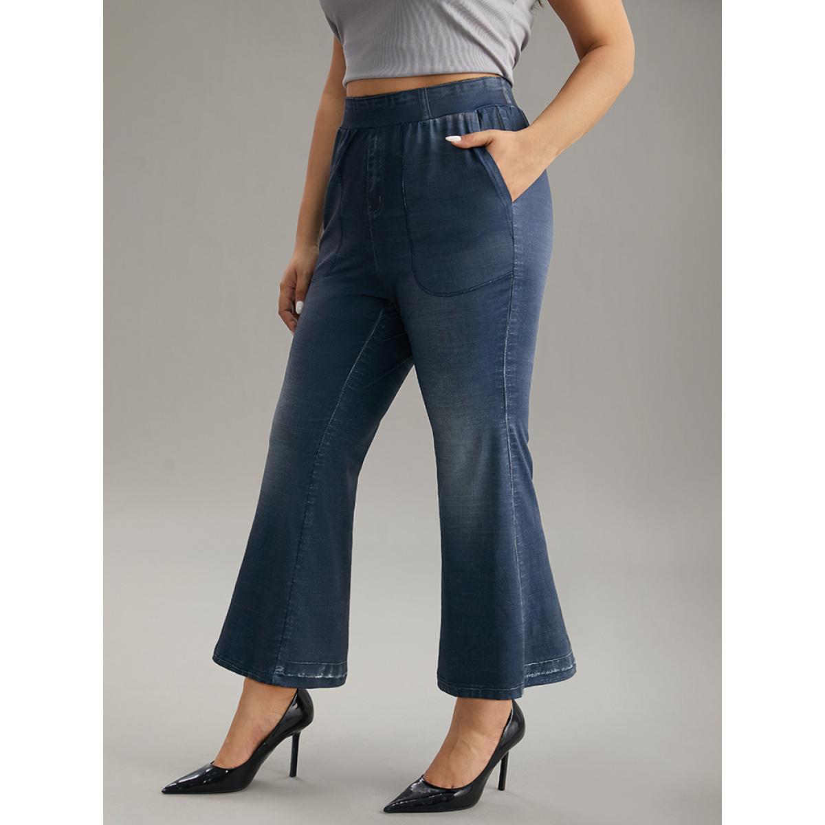 Plus Size Denim Effect Print Elastic Waist Flare Leg Leggings Women Stone Casual High stretch Flare Leg High Rise Everyday Leggings BloomChic 22-24/3X Product Image