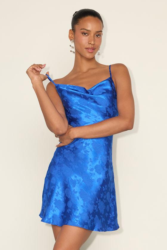 Close to Your Heart Royal Blue Satin Jacquard Cowl Slip Dress Product Image