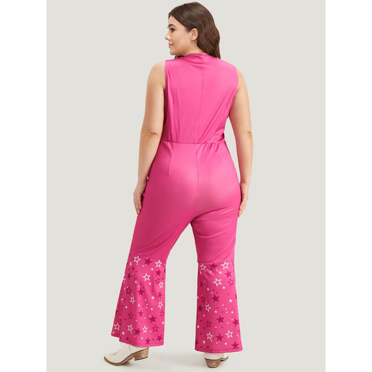 Plus Size Pink Halloween Star Button Up Bootcut Sleeveless Jumpsuit Women Elegant Sleeveless V-neck Festival-Halloween Loose Jumpsuits BloomChic 14-16/1X Product Image