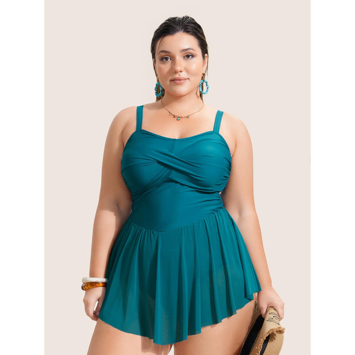 Plus Size Solid Twist Front Heart Neckline Swim Dress Women's Swimwear Teal Beach Bodycon Heart neckline High stretch Curve Swim Dresses BloomChic 10/M Product Image