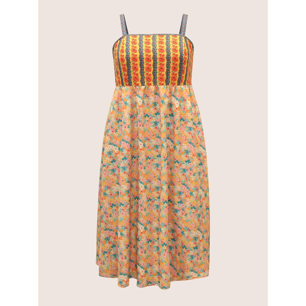 Plus Size Boho Print Elastic Waist Split Hem Dress Lightorange Women Resort Patchwork Non Sleeveless Curvy BloomChic 10/M Product Image