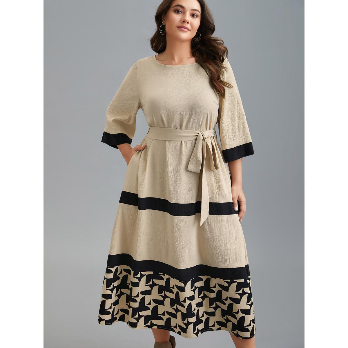 Plus Size Color-Block Belted Pockets Midi Dress Apricot Women Casual Texture Round Neck Elbow-length sleeve Curvy BloomChic 12/L Product Image