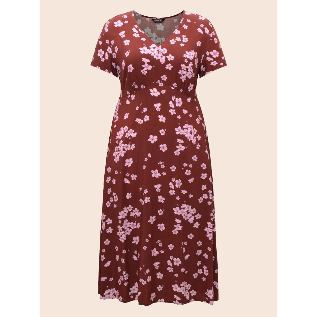 Plus Size Floral V Neck Gathered Midi Dress Burgundy Women Elegant Gathered V-neck Short sleeve Curvy BloomChic 28/5X Product Image