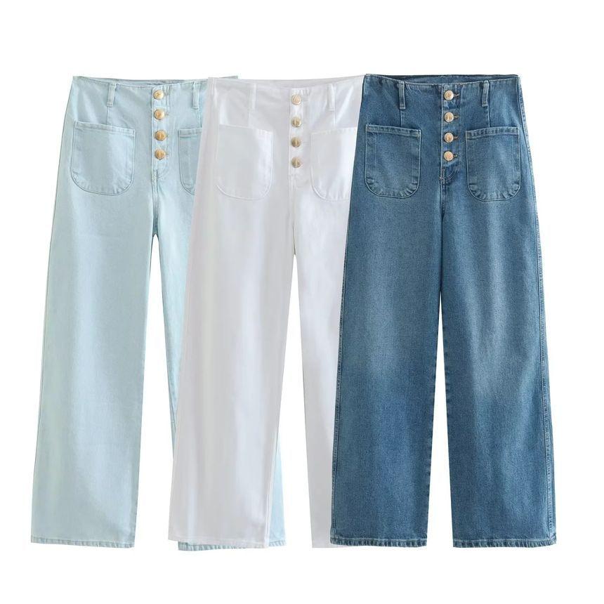 High Waist Button Fly Wide Leg Jeans Product Image