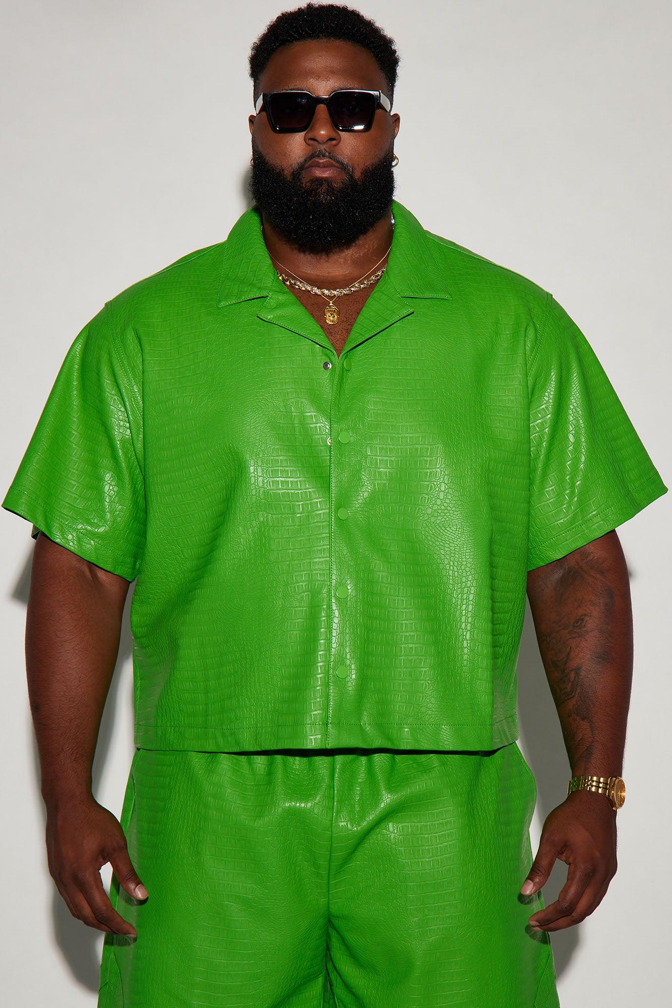 Gotta Run Faux Croc Leather Cropped Button Up Shirt - Green Product Image