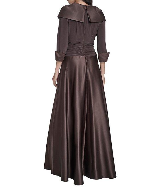 Jessica Howard Portrait Collar V-Neck 3/4 Sleeve Rhinestone Cuff Ruched Waist Satin Gown Product Image