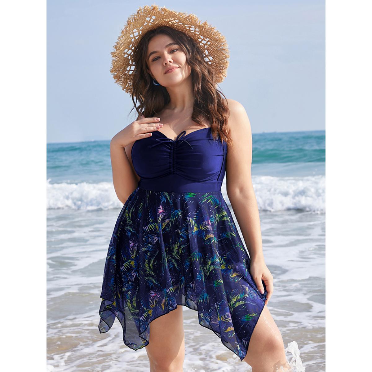 Mesh Adjustable Straps Plus Size Women Tropical Swim Dress Very Stretchy Bodycon Sleeveless V Neck Vacation Swim Dresses BloomChic Product Image