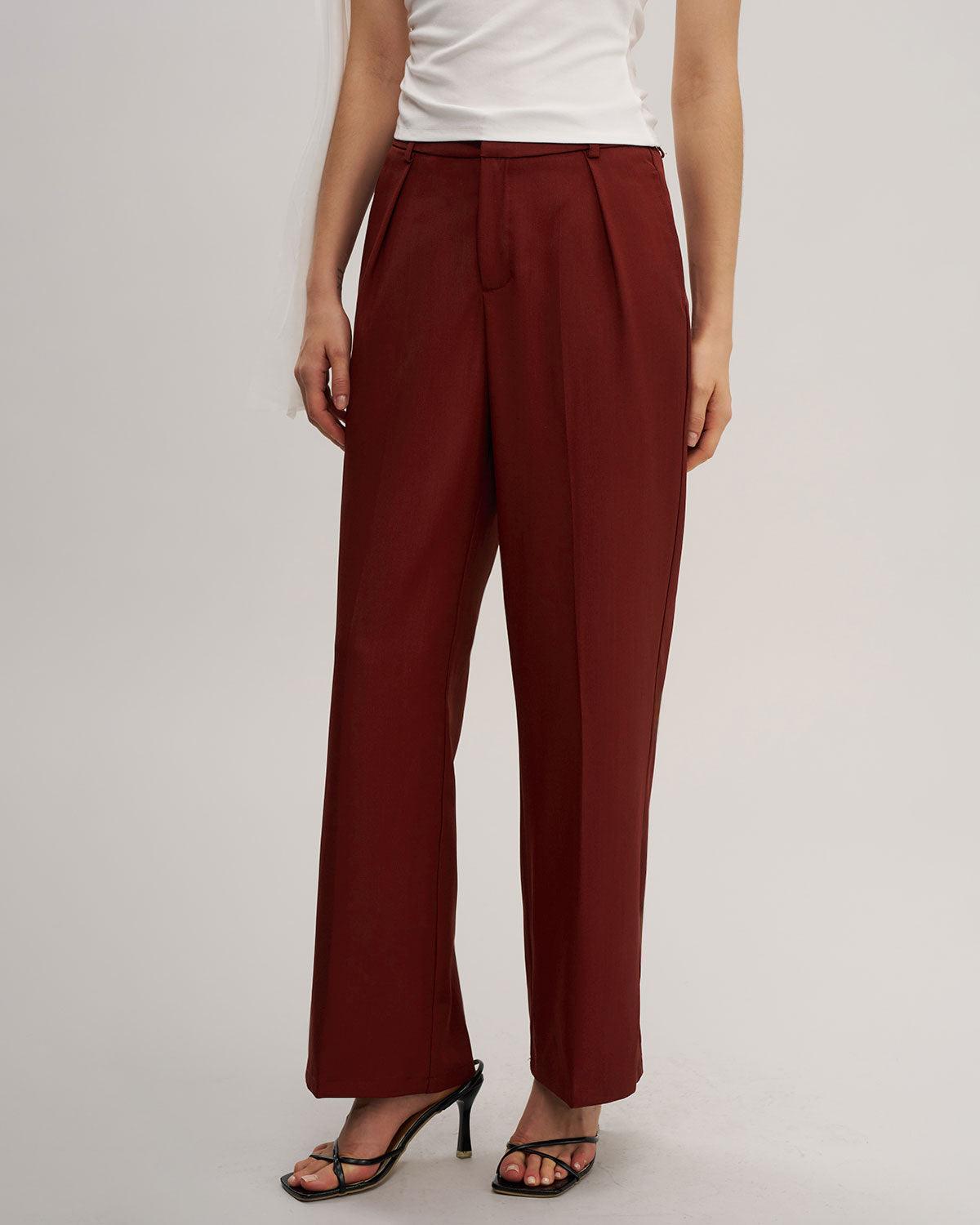 Red Elastic Waist Straight Pants Product Image