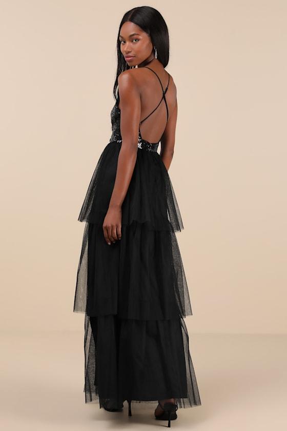 Maydon Black Tulle Sequin Tiered Maxi Dress Product Image