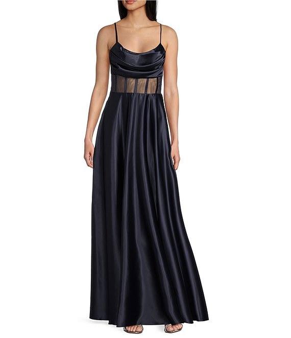 Next Up Drape Neck Illusion Corset Satin Gown Product Image