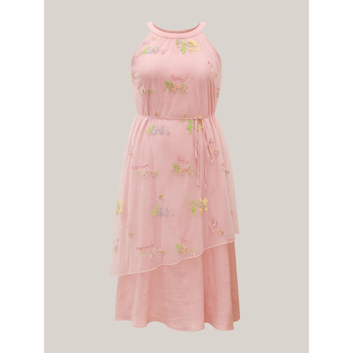 Plus Size Embroidered Mesh Halter Neck Midi Dress MistyRose Women Round Neck Sleeveless Curvy BloomChic 22-24/3X Product Image