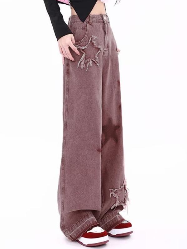 Vintage Star Print Embroidery Boyfriend Jeans Product Image