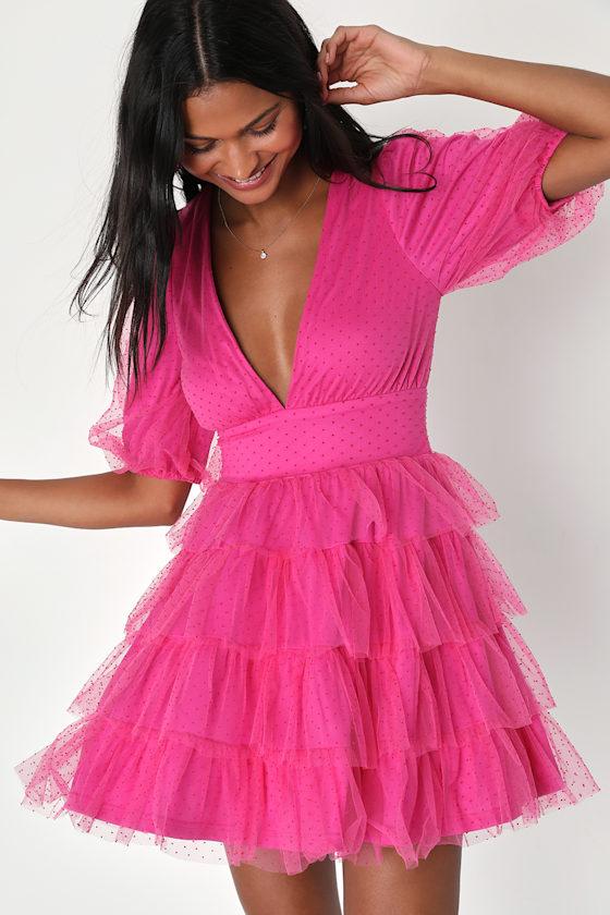 Dramatic Poise Hot Pink Dot Tulle Puff Sleeve Tiered Mini Dress Product Image
