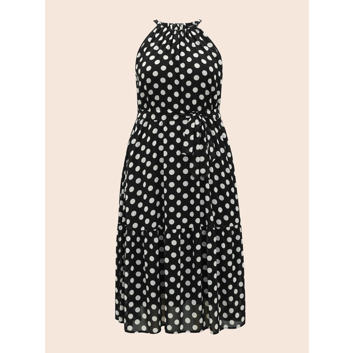 Plus Size Halter Polka Dot Ruffle Hem Belted Dress Black Women Elegant See through Halter neck Sleeveless Curvy BloomChic 10/M Product Image