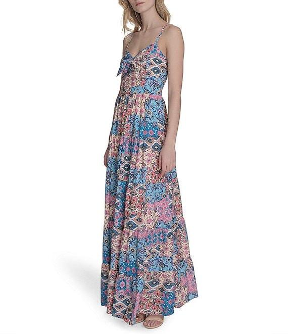 Eliza J Sweetheart Tie Front Patchwork Print Crepe De Chine Maxi Dress Product Image