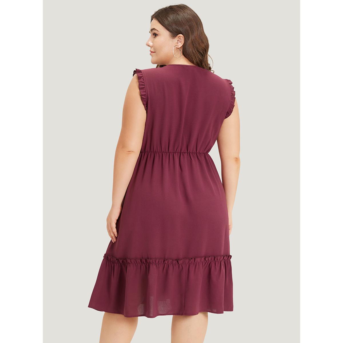 Plus Size Plain Frill Trim Gathered Ties Square Neck Tank Dress Burgundy Women Elegant Plain Square Neck Sleeveless Curvy Midi Dress BloomChic 12/L Product Image