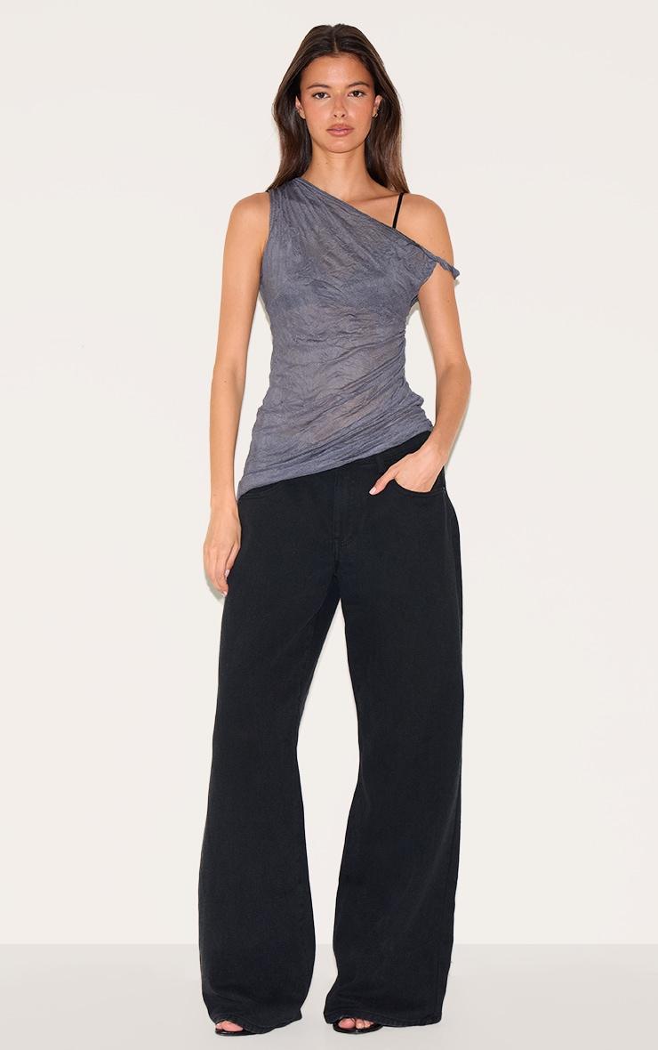 Charcoal Crinkle Mesh Twist Sleeve Detail Long Top Product Image