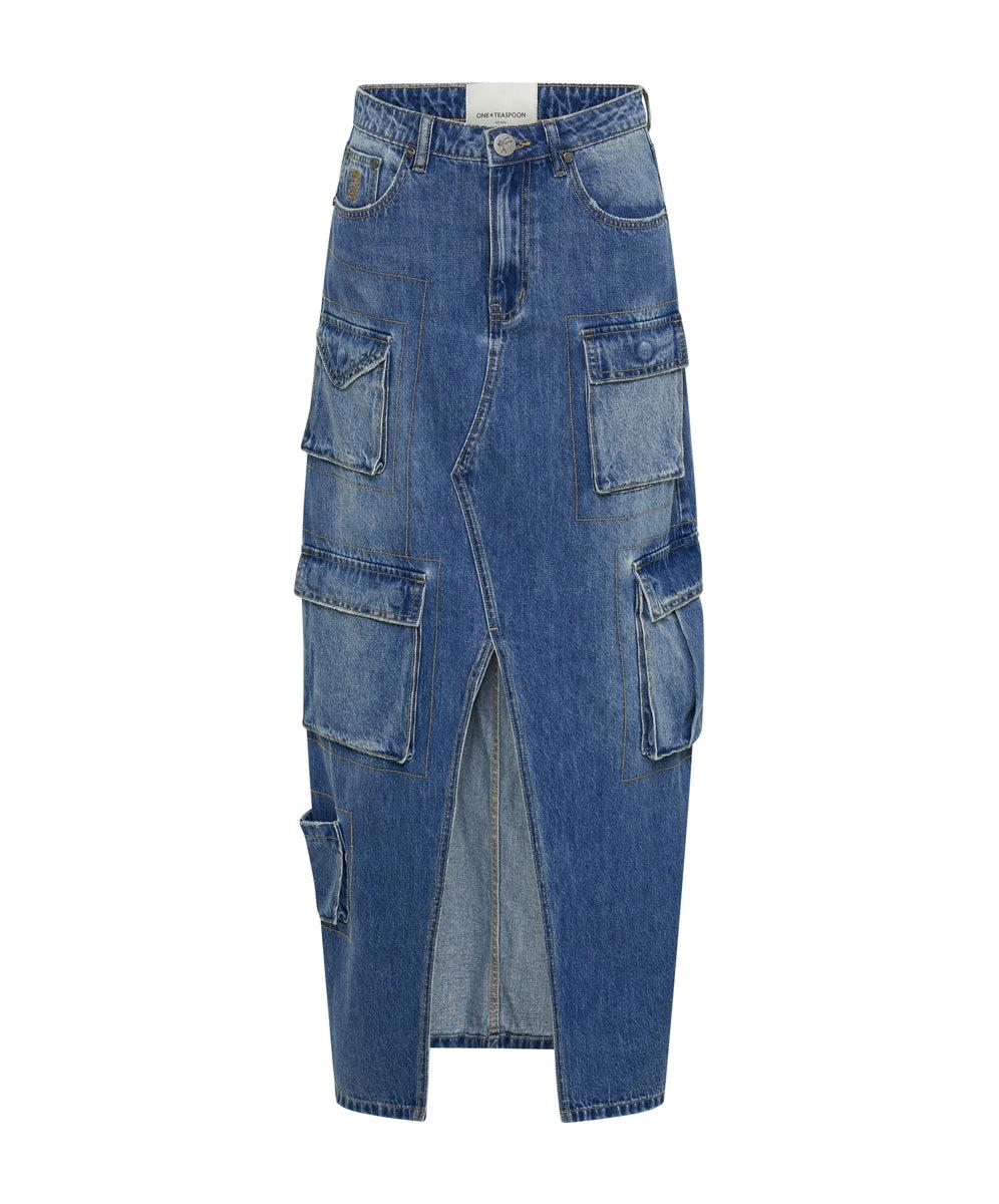 PACIFICA 90S CARGO POCKET COLUMN DENIM SKIRT Product Image