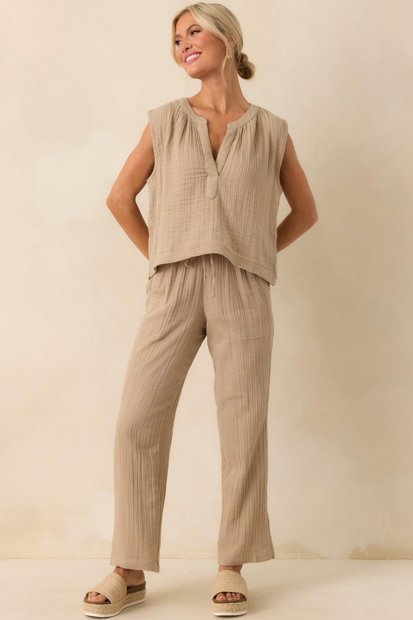 Z Supply Tan Cotton Plaza Airy Gauze Ankle Pants Product Image