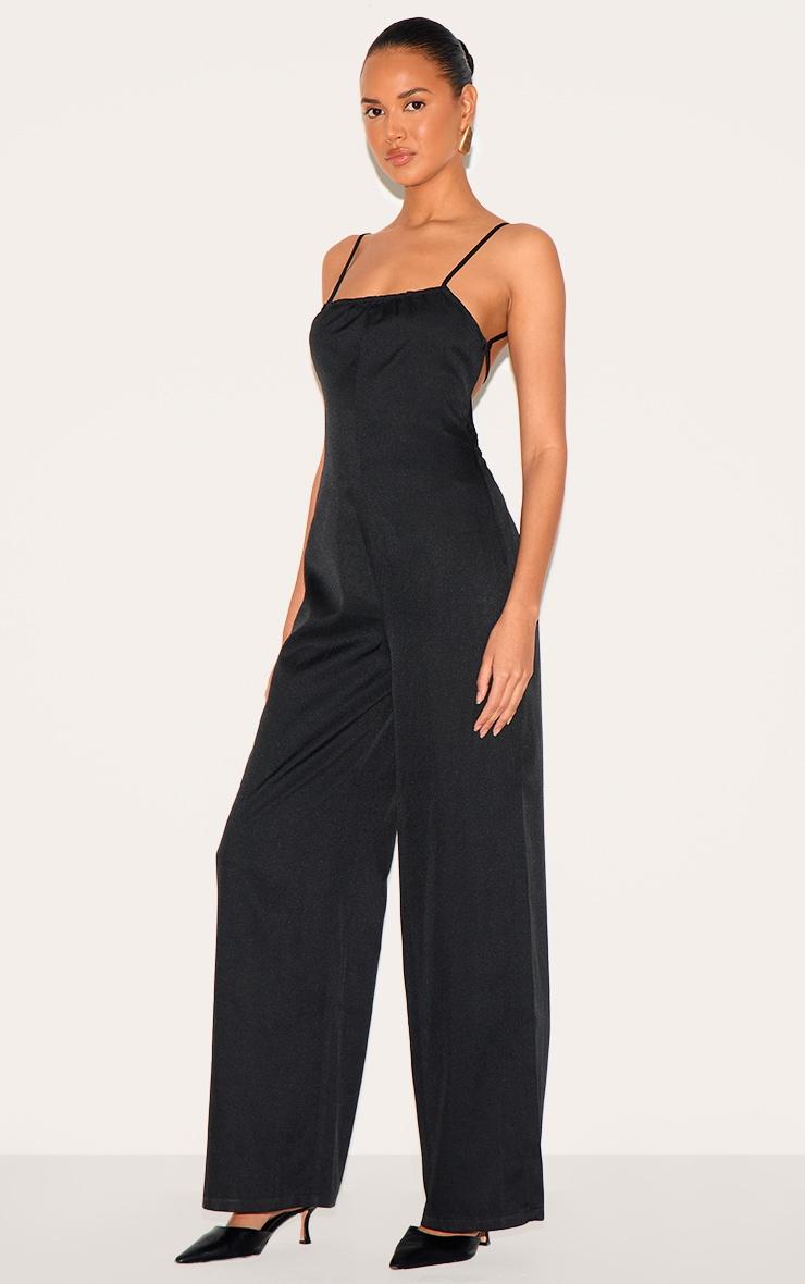 Black Woven Backless Square Neck Wide Leg Jumpsuit Product Image