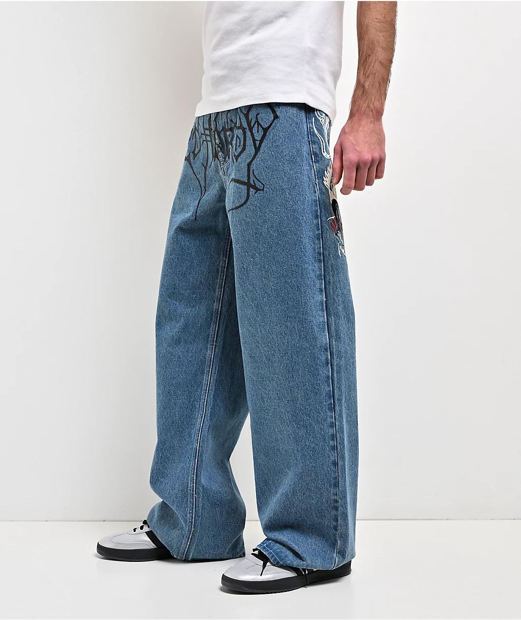 Ed Hardy Panteras Blue Wash Baggy Jeans Product Image