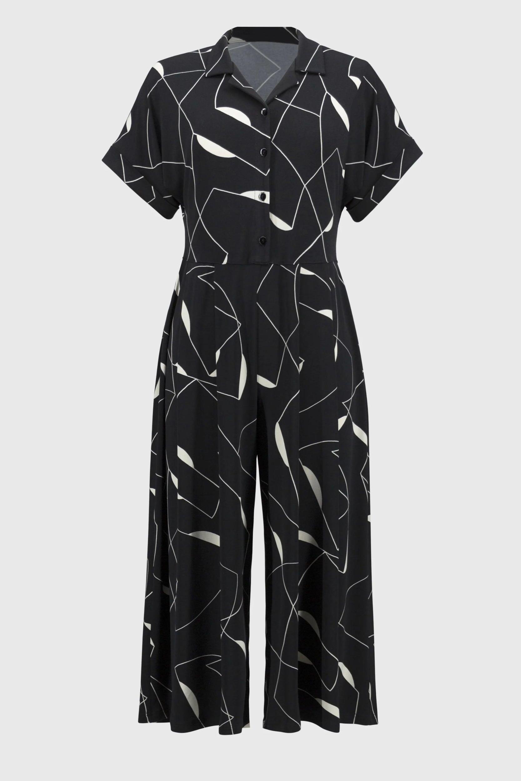 Silky Knit Geometric Print Culotte Jumpsuit- Black/Moonstone Product Image