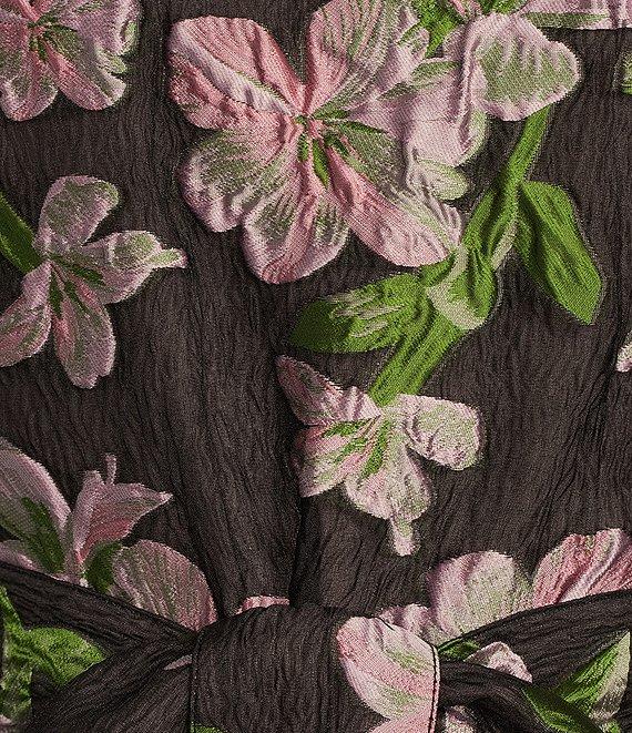 Abbey Glass Claudine Organza Floral Jacquard Ruffle Mock Neck 3/4 Sleeve Tie at Waist Above the Knee Shift Dress Product Image