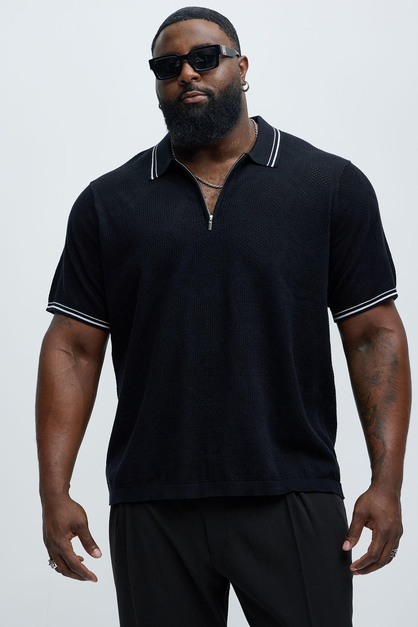Mesh Pattern Quarter Zip Knit Polo - Black Product Image