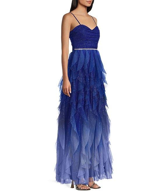 Pear Culture Glitter Mesh Ombre Sweetheart Neck Spaghetti Strap Dress Product Image