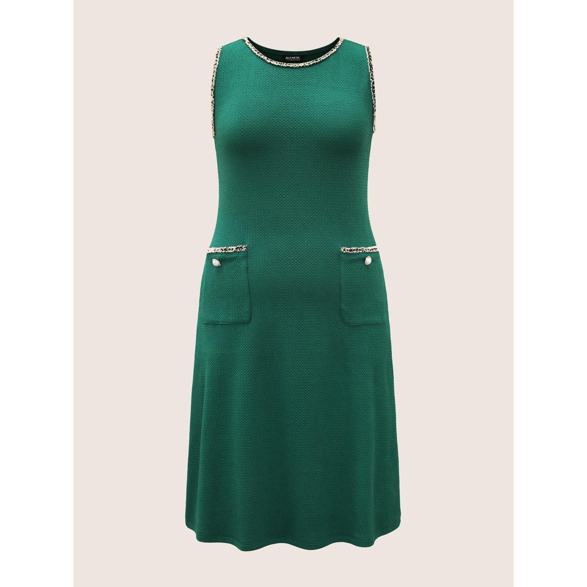 Plus Size Round Neck Contrast Webbing Patched Pocket Dress DarkGreen Women Elegant Texture Round Neck Sleeveless Curvy BloomChic 12/L Product Image