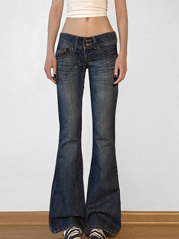 Aged Washed Low Rise Flare Jeans Product Image