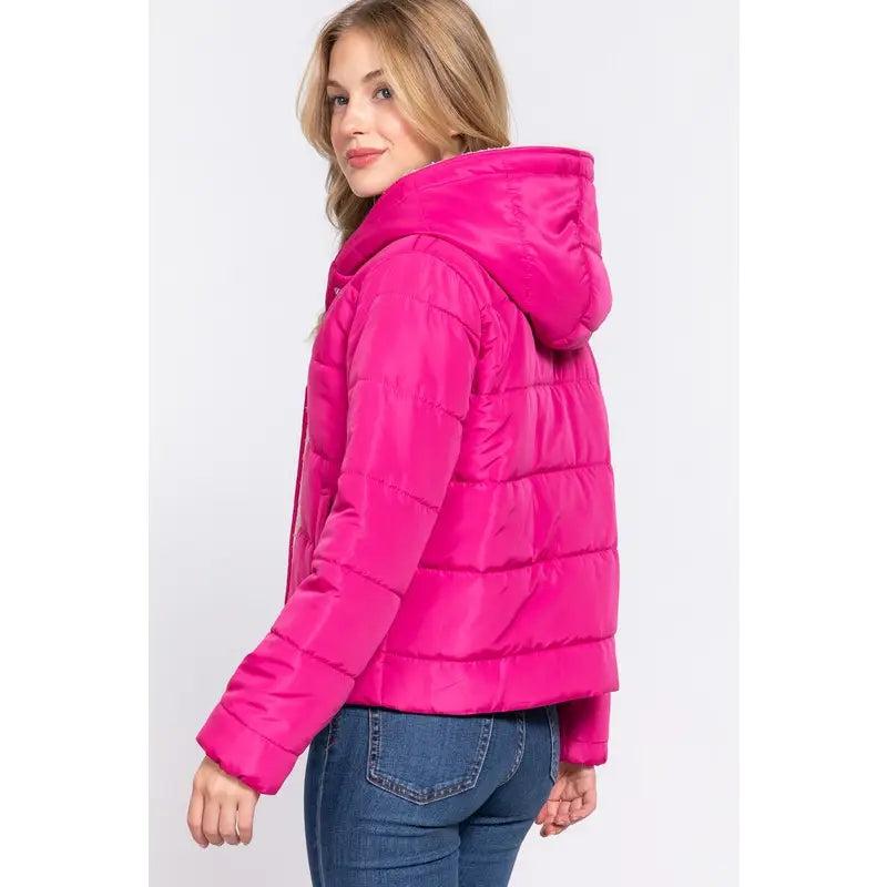 Women's Hot Pink Long Sleeve Inside Faux Fur Hoodie Puffer Jacket Product Image