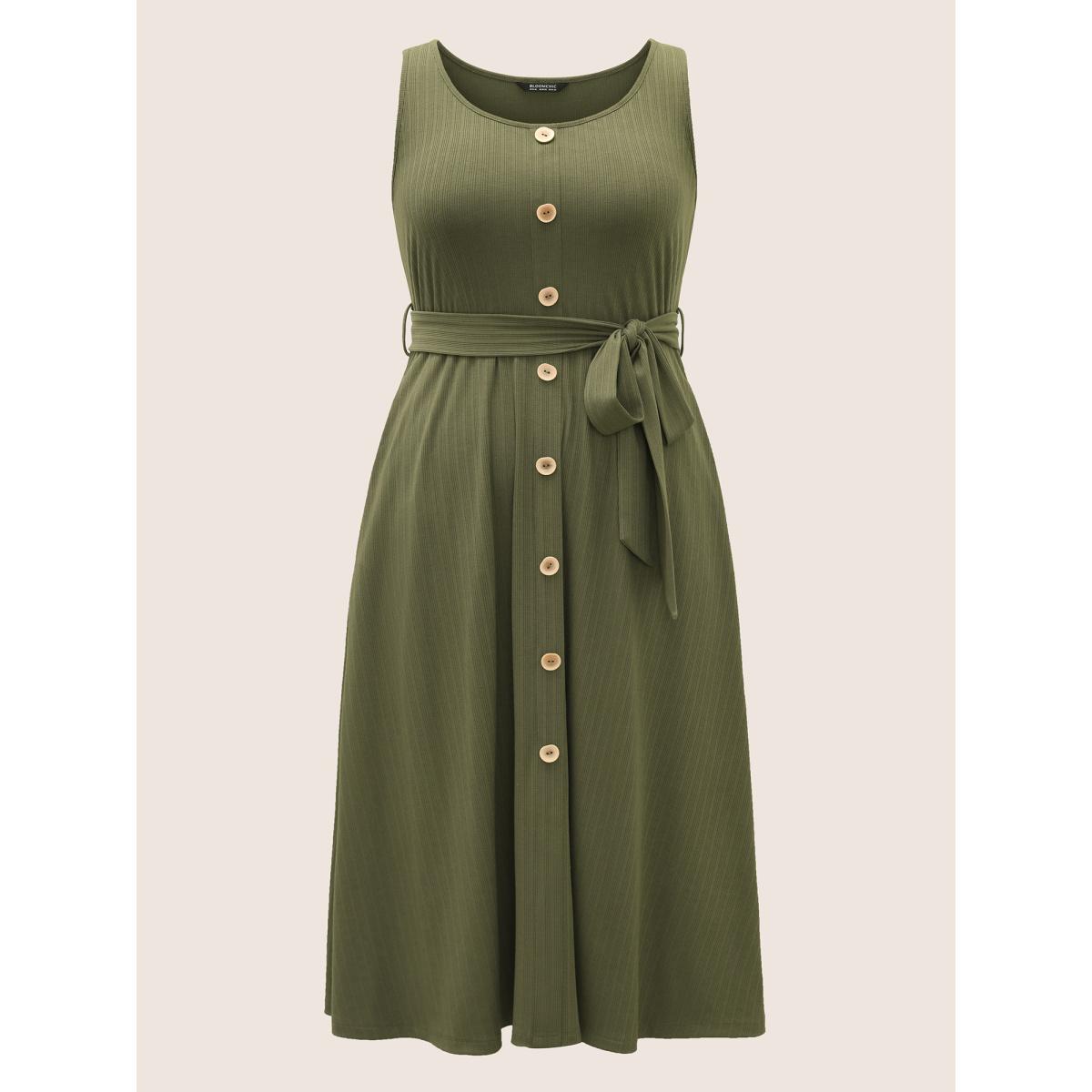 Plus Size Solid Button Detail Sleeveless Knit Dress ArmyGreen Women Casual Texture U-neck Sleeveless Curvy Midi Dress BloomChic 14-16/1X Product Image