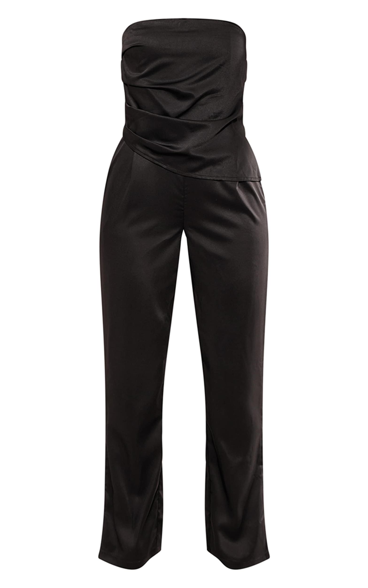 Black Woven Bandeau Ruched Asymmetric Hem Wide Leg Jumpsuit Product Image