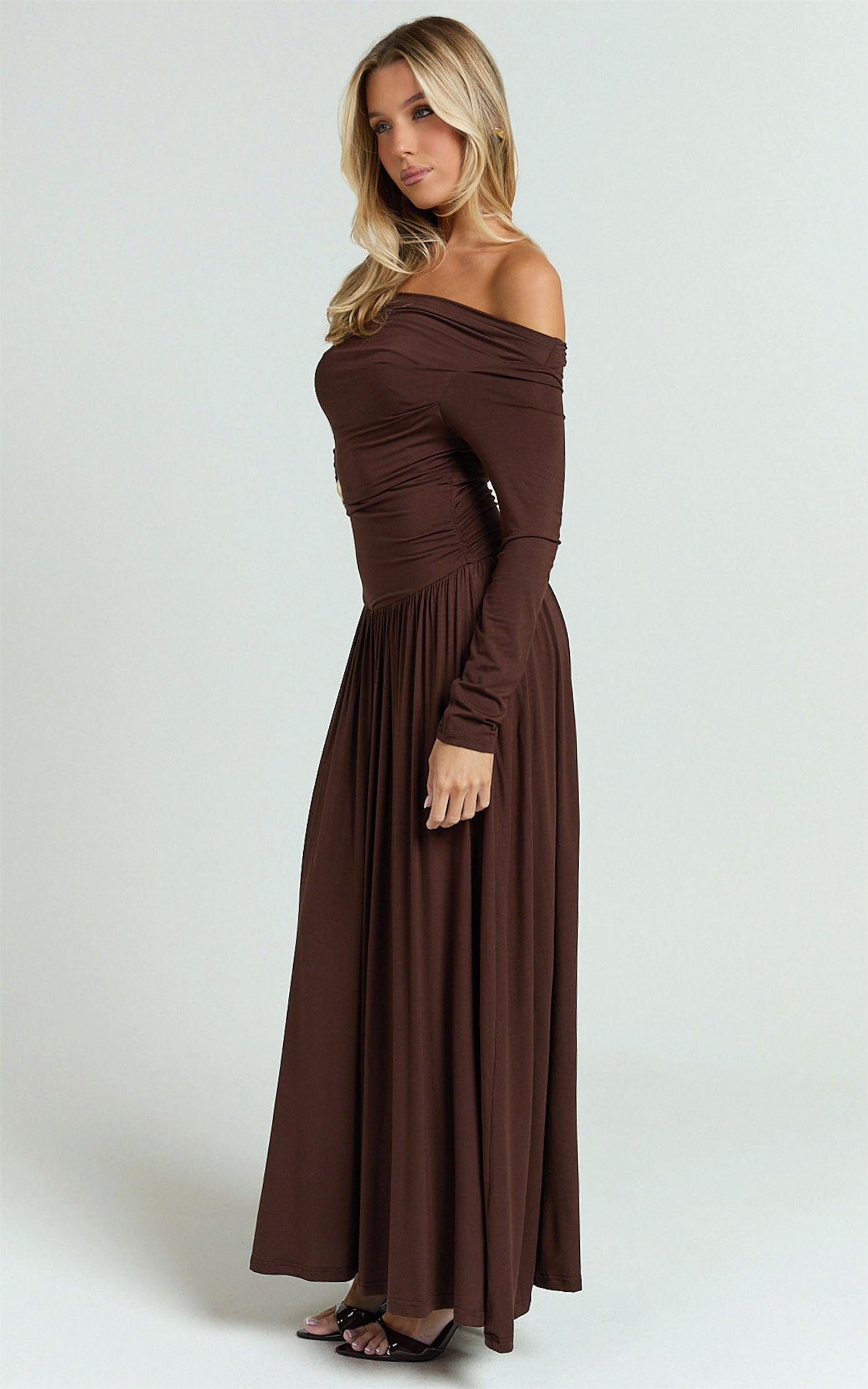 Antonia Maxi Dress - Off The Shoulder Long Sleeve Dress in Brown Product Image