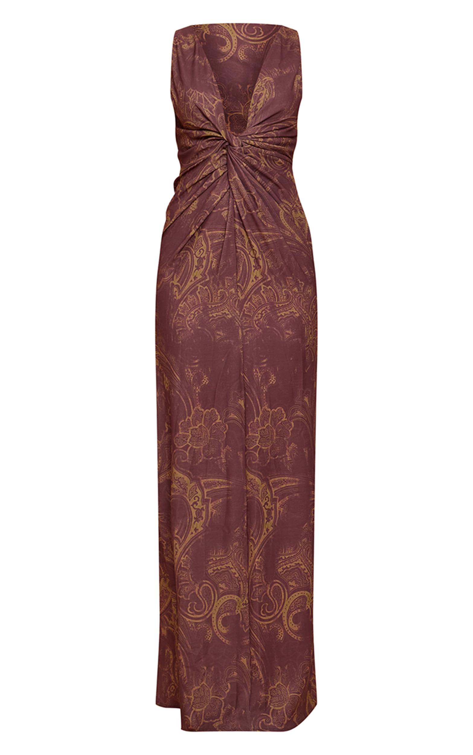 Brown Paisley Print Woven Twist Detail Maxi Dress Product Image