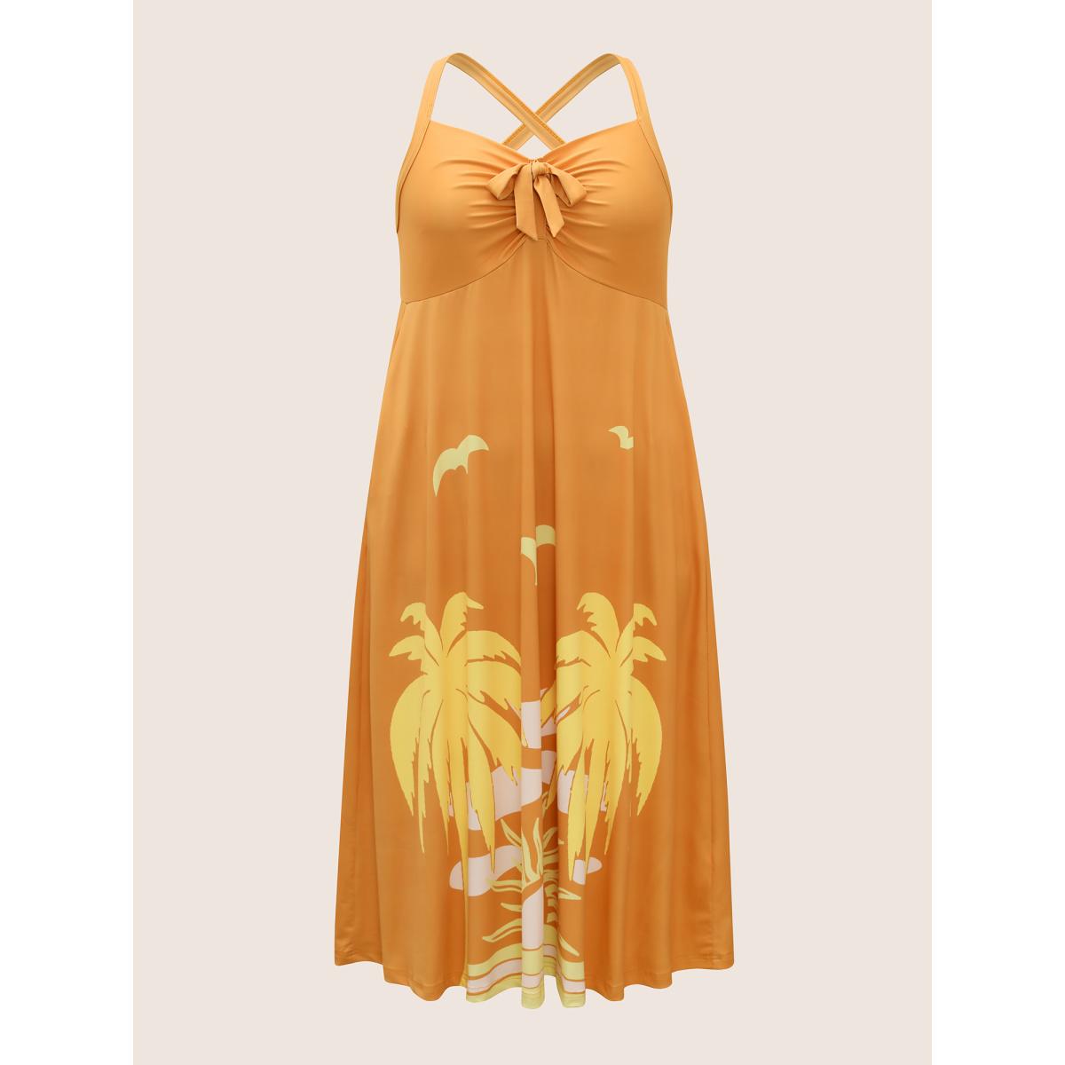 Plus Size Heart Neckline Tropical Print Tie Knot Midi Dress Turmeric Women Resort Tie knot Heart neckline Sleeveless Curvy BloomChic 28/5X Product Image
