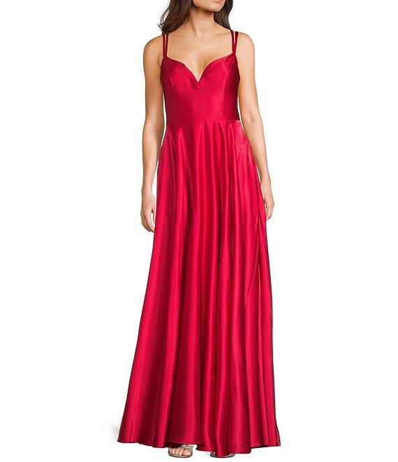 B. Darlin Front Slit Ball Strappy Back Satin Gown Product Image