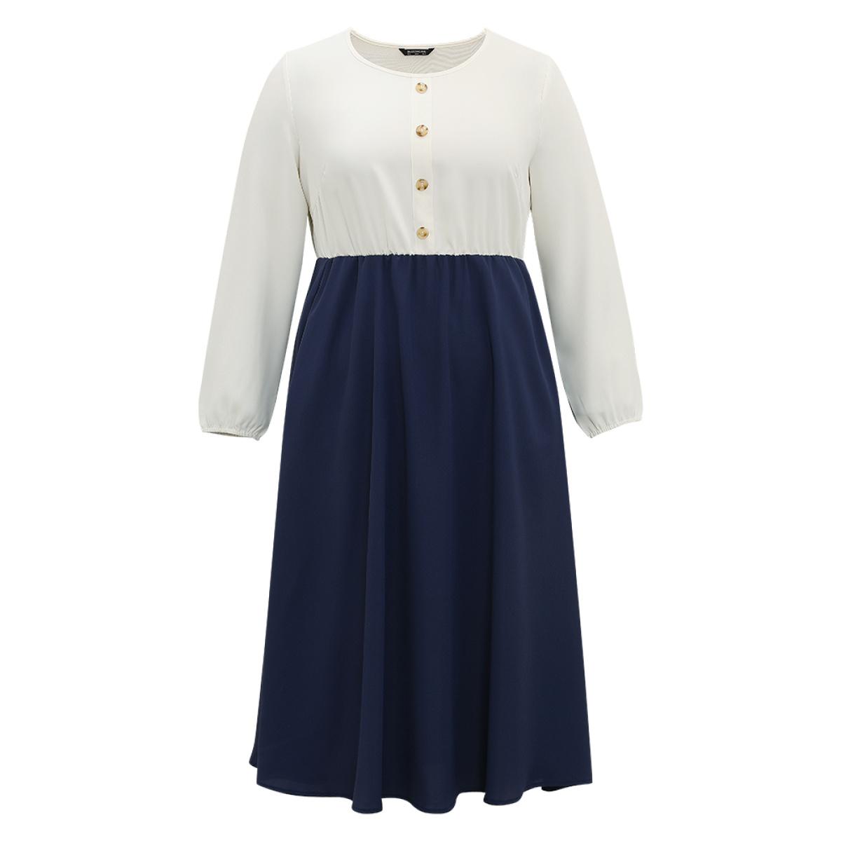 Plus Size Static-Free Contrast Button Detail Pocket Dress DarkBlue Women Elegant Elastic cuffs Round Neck Long Sleeve Curvy Midi Dress BloomChic 10/M Product Image