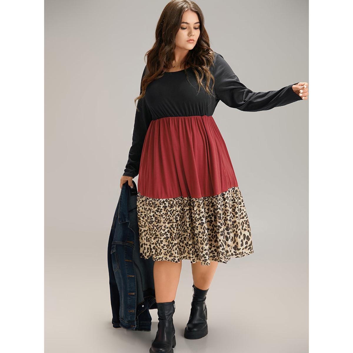 Plus Size Supersoft Essentials Colorblock Contrast Leopard Dress Black Women Casual Patchwork Round Neck Long Sleeve Curvy Midi Dress BloomChic 30/6X Product Image