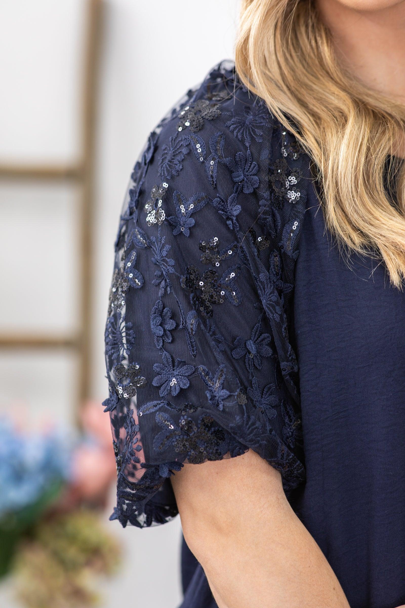 Navy With Sequin Short Sleeve Dress Product Image