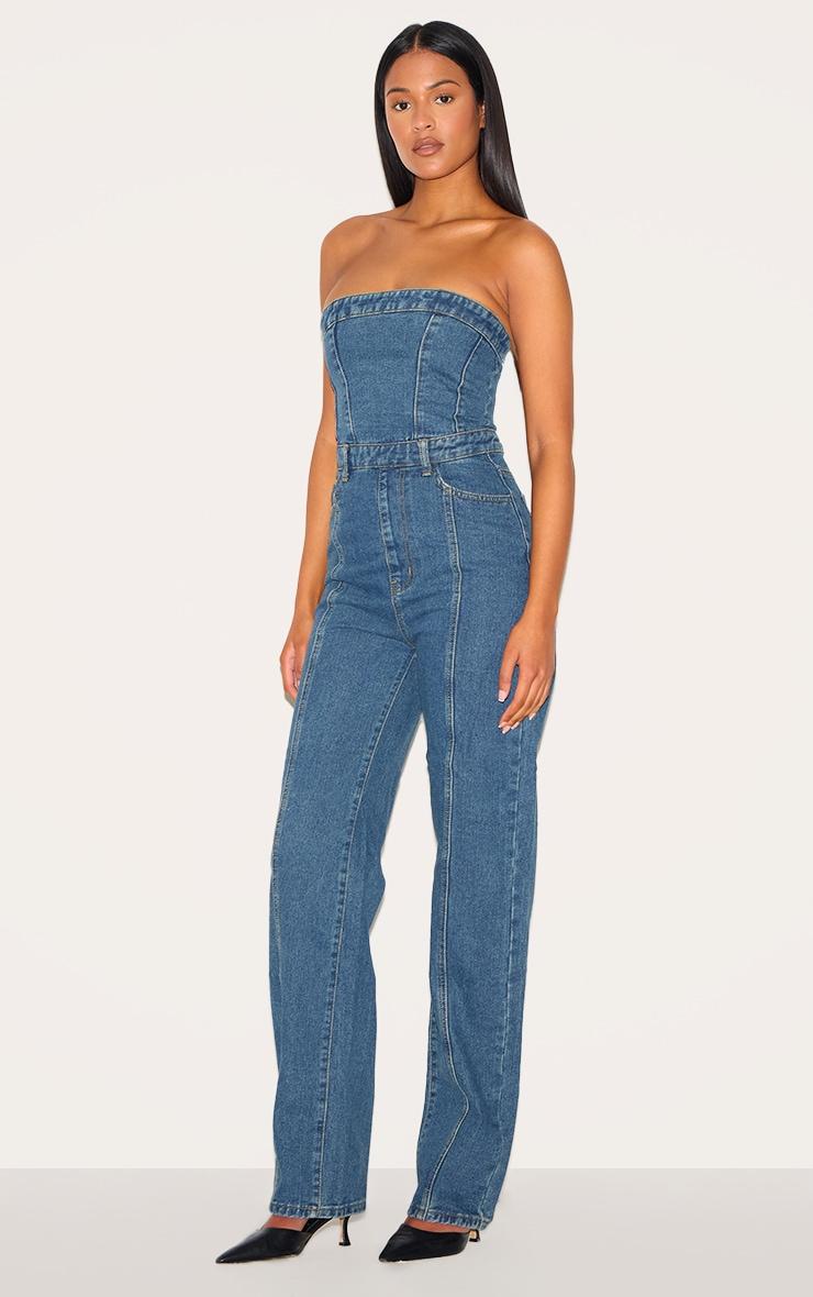 Tall Indigo Vintage Wash Bandeau Style Straight Leg Denim Jumpsuit Product Image